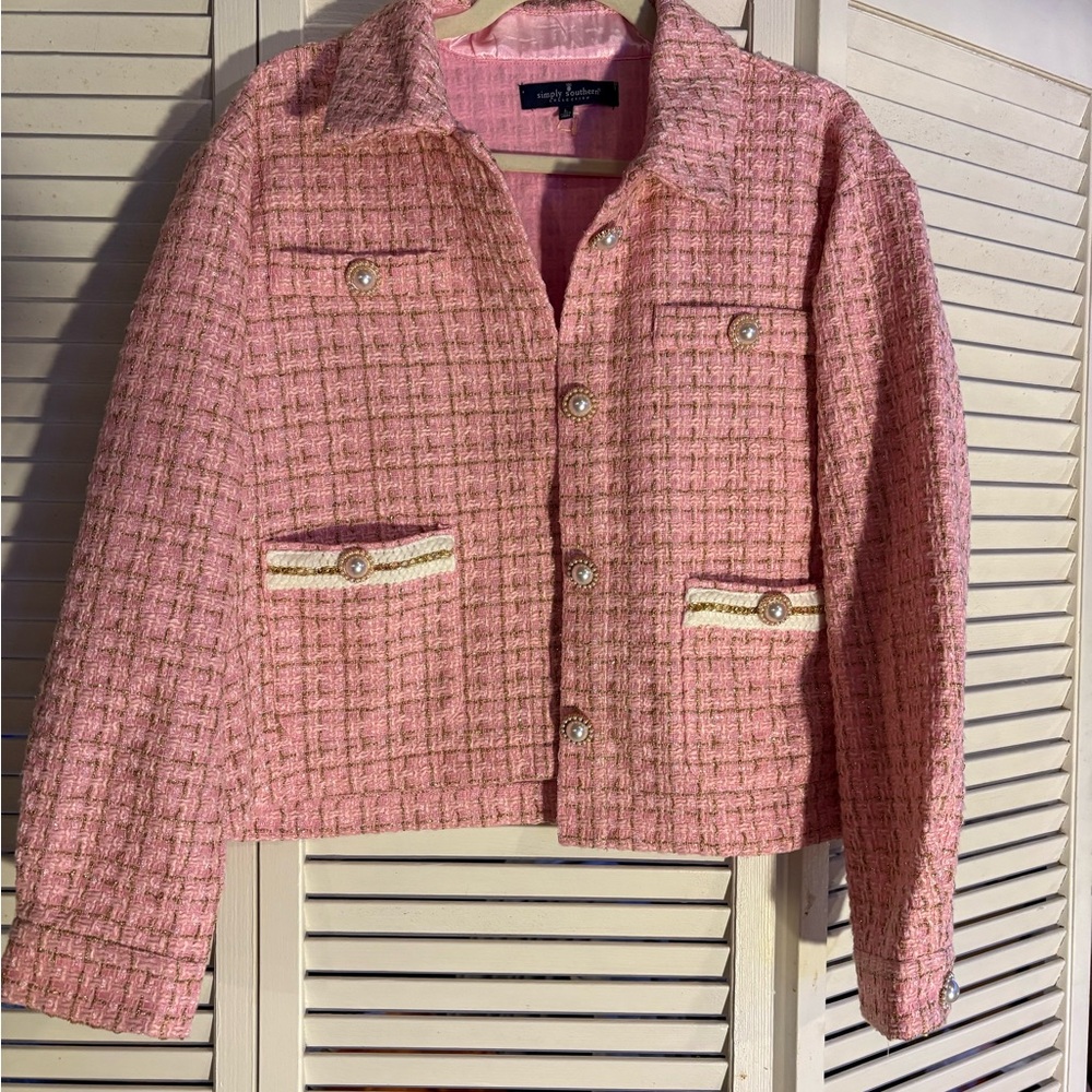 Simply Southern Pink Tweed Pearl-Button Cropped Jacket